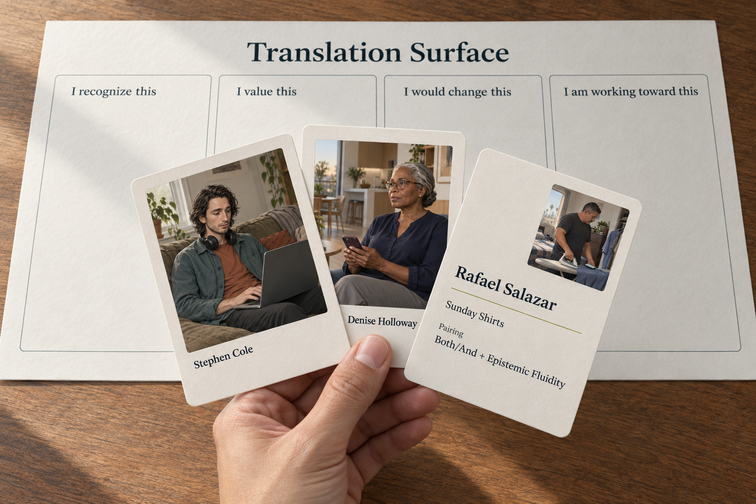 A bare hand holds three fanned Story Cards over a Translation Surface. Stephen and Denise appear on card fronts; Rafael’s reversed card shows Both/And + Epistemic Fluidity. The mat offers four areas: I recognize this, I value this, I would change this, and I am working toward this.